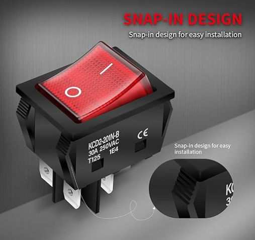 Switch for DTF Oven, 30A 250V KCD2 KCD4 Rocker Switch, DPST 4 Pin Red Lighted 120V Rocker Toggle Switch, On Off Heavy Duty T125