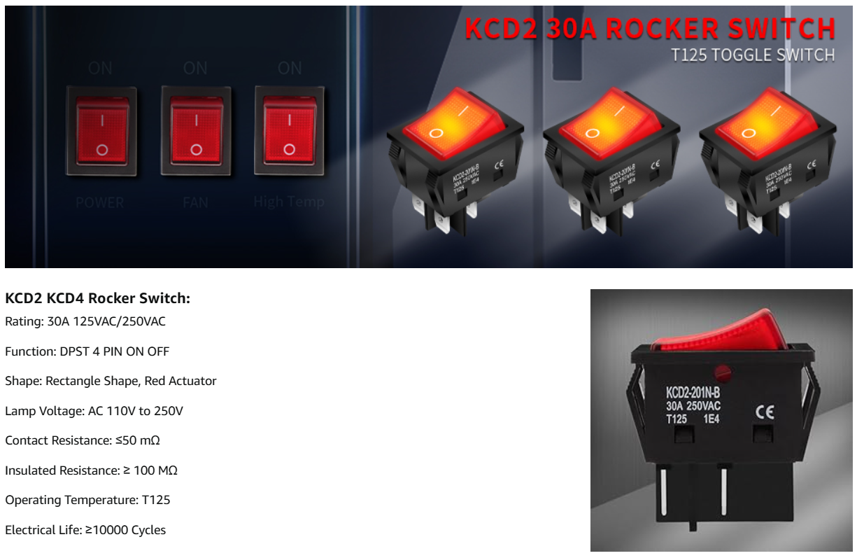 Switch for DTF Oven, 30A 250V KCD2 KCD4 Rocker Switch, DPST 4 Pin Red Lighted 120V Rocker Toggle Switch, On Off Heavy Duty T125