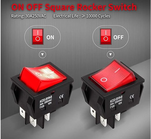 Switch for DTF Oven, 30A 250V KCD2 KCD4 Rocker Switch, DPST 4 Pin Red Lighted 120V Rocker Toggle Switch, On Off Heavy Duty T125