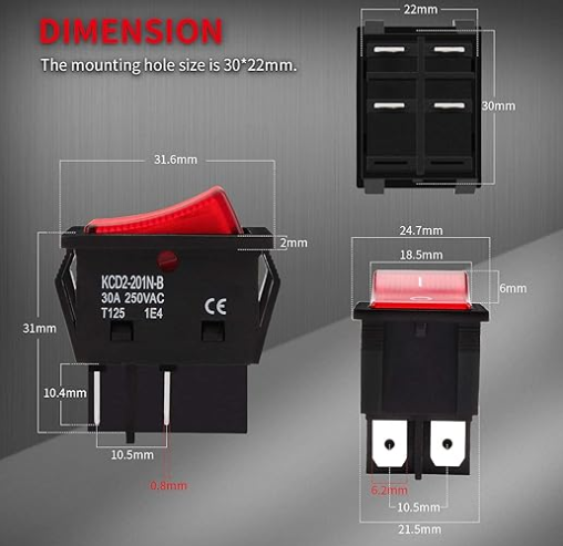Switch for DTF Oven, 30A 250V KCD2 KCD4 Rocker Switch, DPST 4 Pin Red Lighted 120V Rocker Toggle Switch, On Off Heavy Duty T125