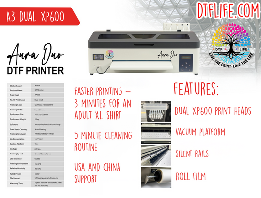 Aura Duo 13" DTF Printer + Shaker Oven Bundle, Dual XP600 Print Heads, White Ink Circulation, Heated Platform, Sea Shipping Included