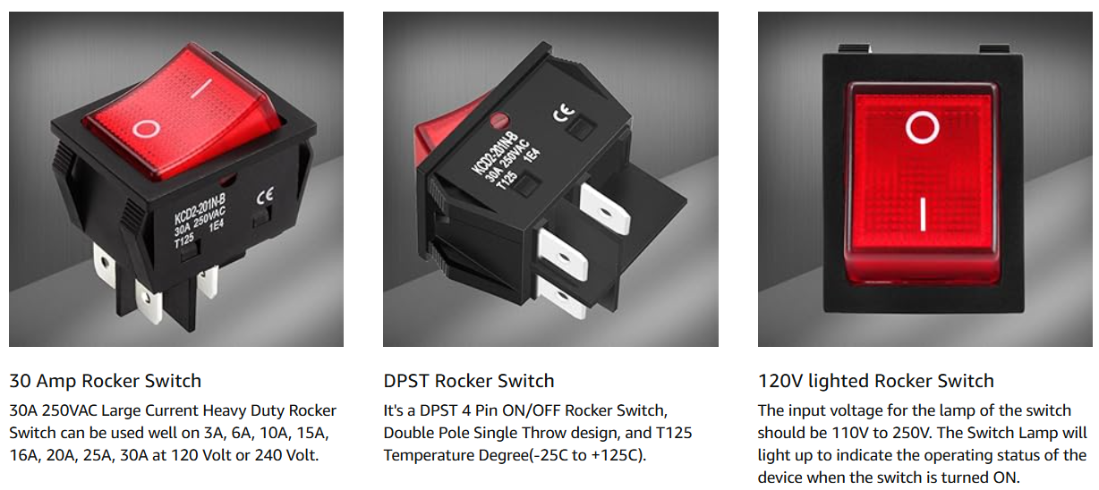 Switch for DTF Oven, 30A 250V KCD2 KCD4 Rocker Switch, DPST 4 Pin Red Lighted 120V Rocker Toggle Switch, On Off Heavy Duty T125