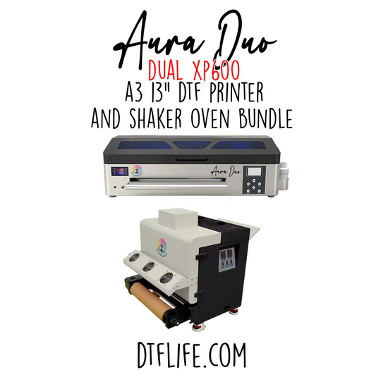 Aura Duo 13" DTF Printer + Shaker Oven Bundle, Dual XP600 Print Heads, White Ink Circulation, Heated Platform, Sea Shipping Included