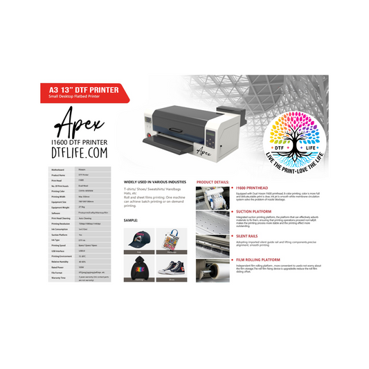 Apex 13" A3 DTF Printer Dual i1600 Heads - DHL/FedEx Shipping Included