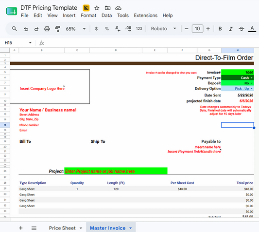 DTF Life Gang Sheet/Transfer Pricing Guide - Google Sheets + Microsoft Excel Document - Digital Download