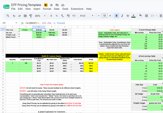 DTF Life Gang Sheet/Transfer Pricing Guide - Google Sheets + Microsoft Excel Document - Digital Download